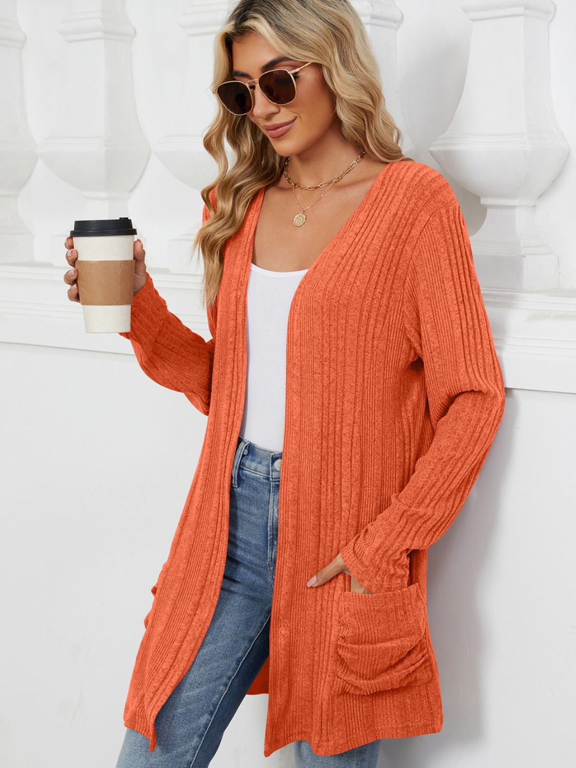 Pocketed Open Front Long Sleeve Cardigan