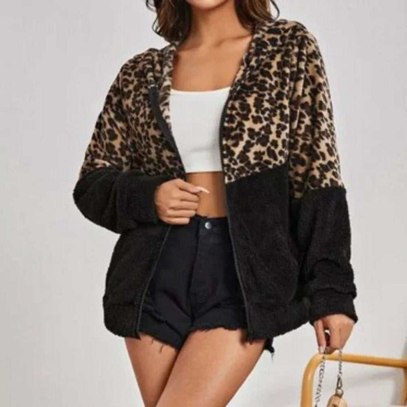 Emery Rose Leopard Print Teddy Hooded Cardigan-zoom-