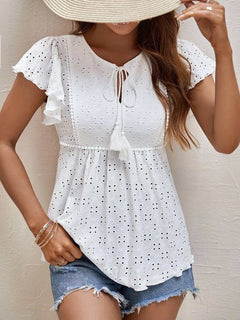 Eyelet Pattern Ruffles Sleeves Babydoll Top - Primrose Signature Boutique