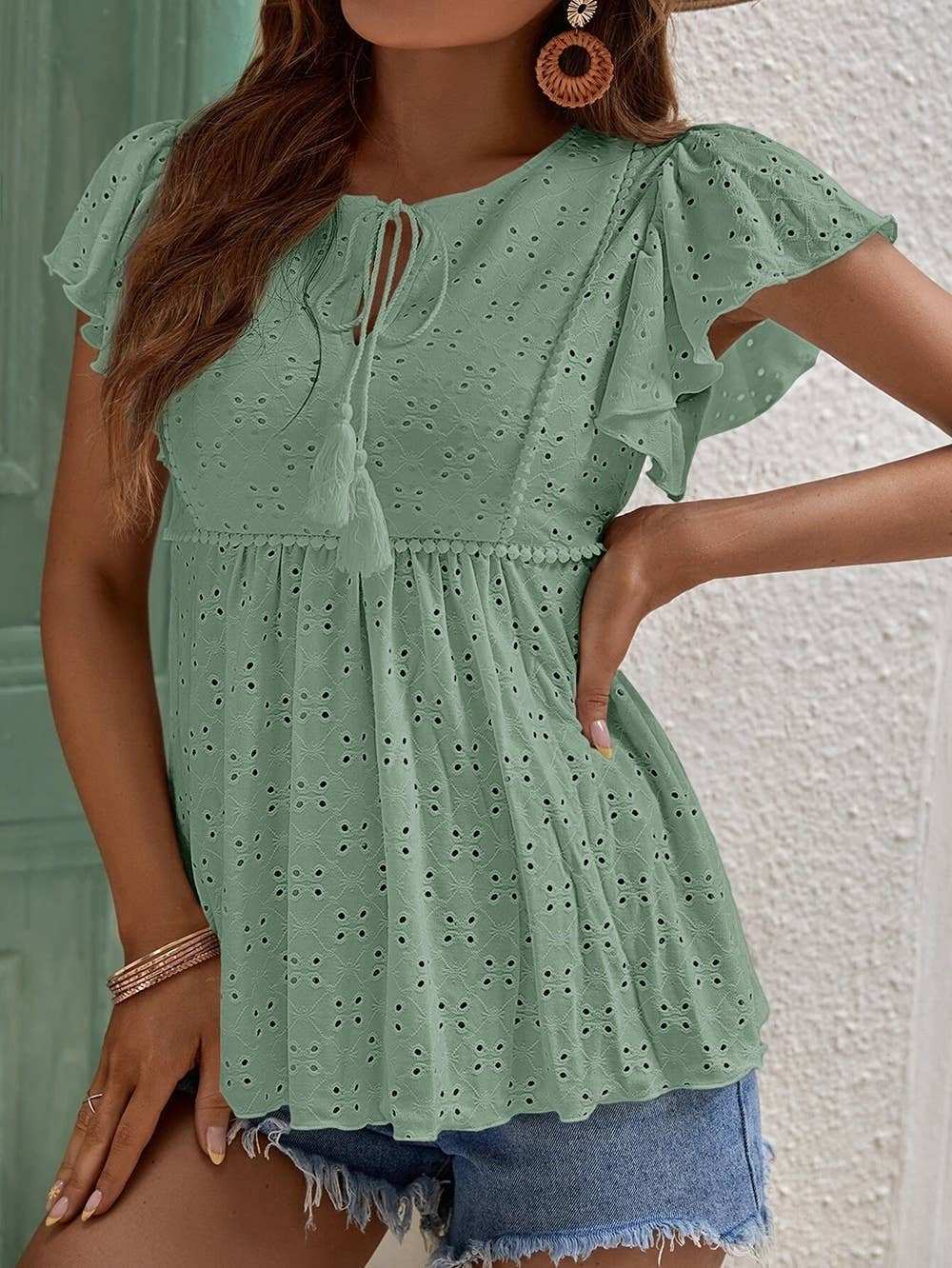Eyelet Pattern Ruffles Sleeves Babydoll Top - Primrose Signature Boutique