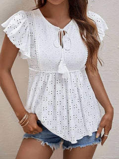 Eyelet Pattern Ruffles Sleeves Babydoll Top - Primrose Signature Boutique