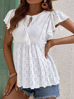 Eyelet Pattern Ruffles Sleeves Babydoll Top - Primrose Signature Boutique