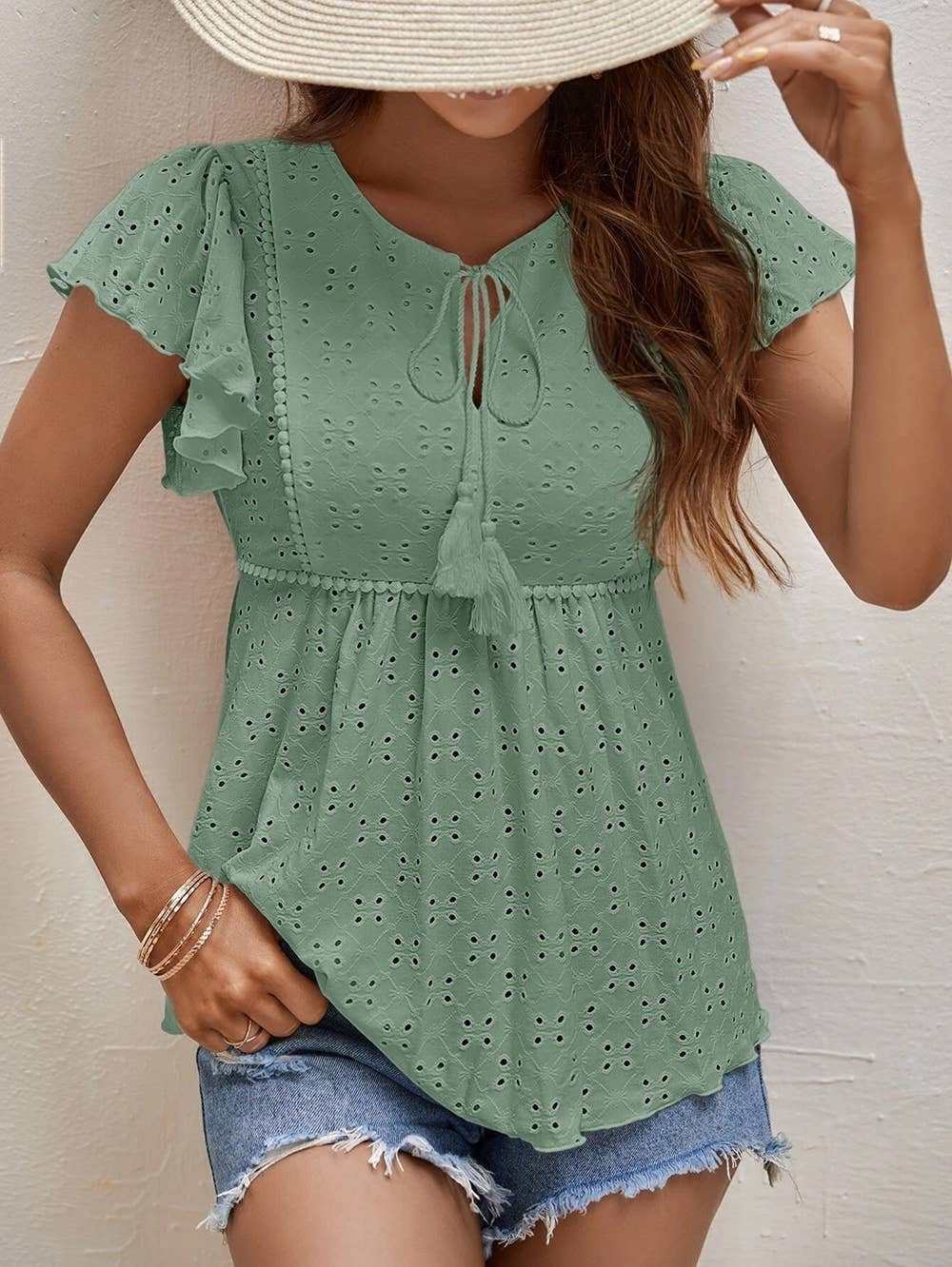 Eyelet Pattern Ruffles Sleeves Babydoll Top - Primrose Signature Boutique