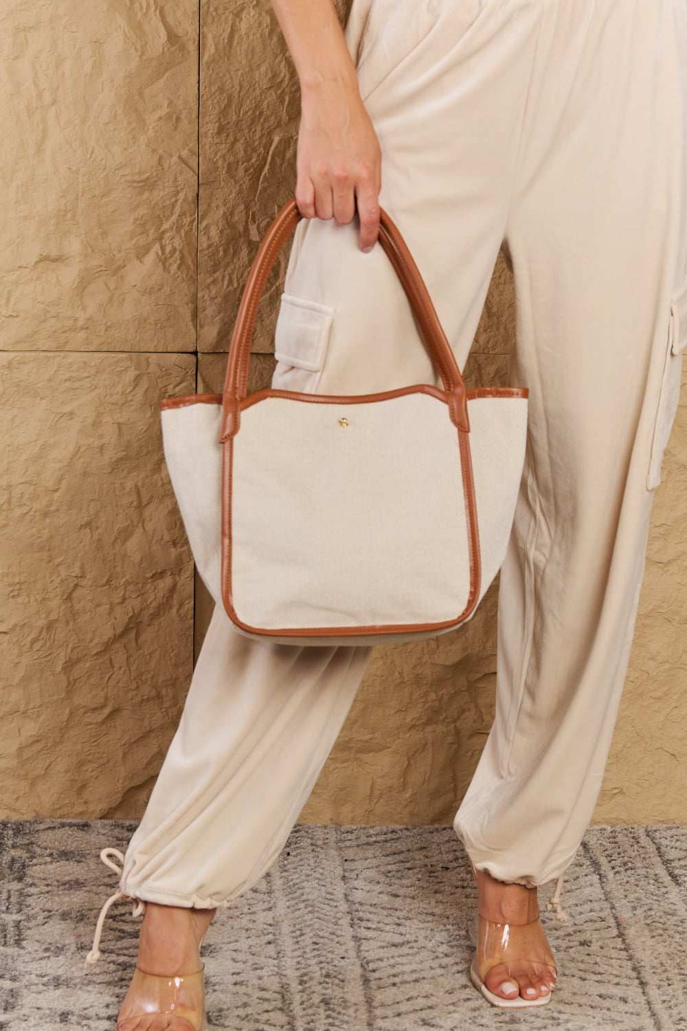 Fame Beach Chic Faux Leather Trim Tote Bag in Ochre - Primrose Signature Boutique