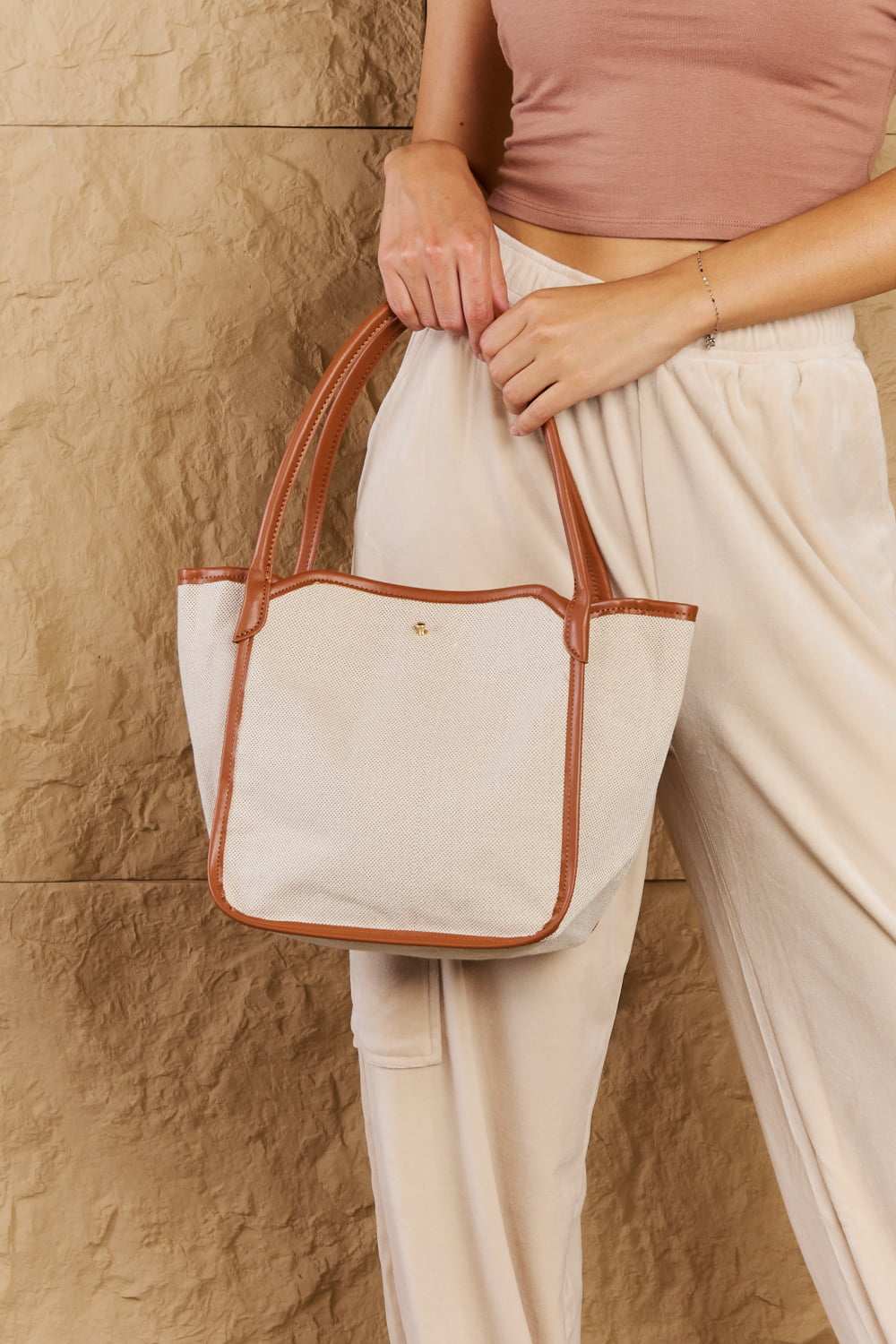 Fame Beach Chic Faux Leather Trim Tote Bag in Ochre - Primrose Signature Boutique