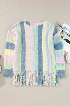 Fringe Color Block Round Neck Sweater - Primrose Signature Boutique