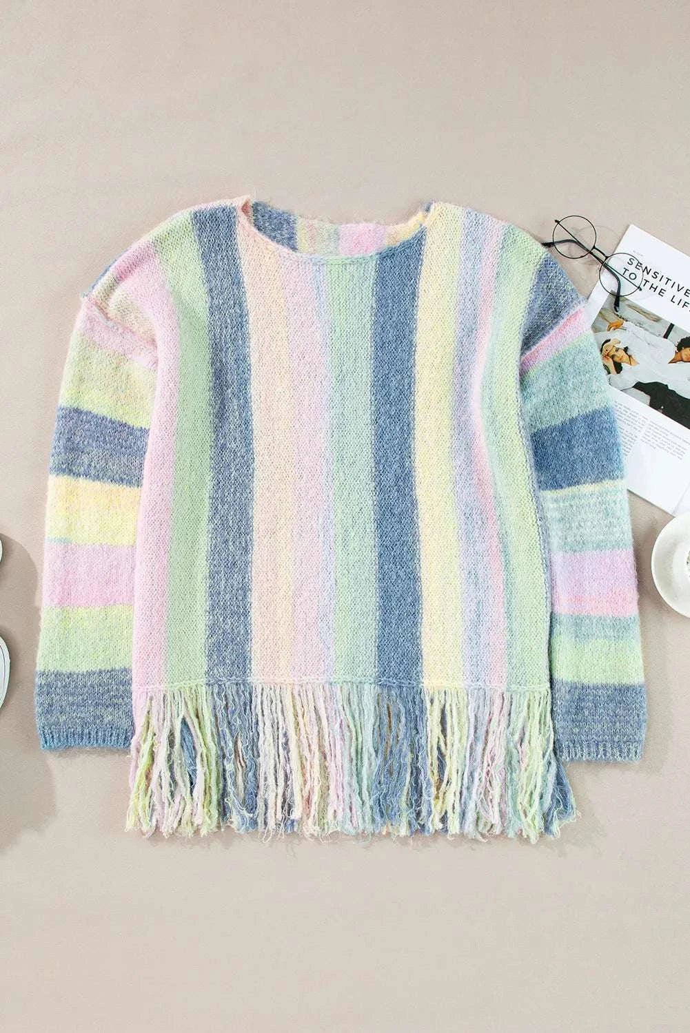 Fringe Color Block Round Neck Sweater - Primrose Signature Boutique