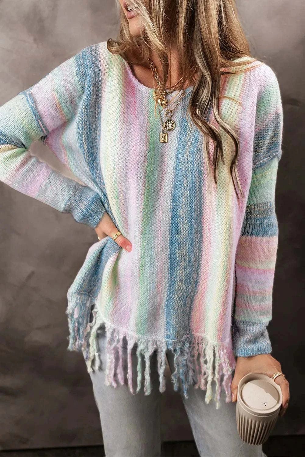 Fringe Color Block Round Neck Sweater - Primrose Signature Boutique
