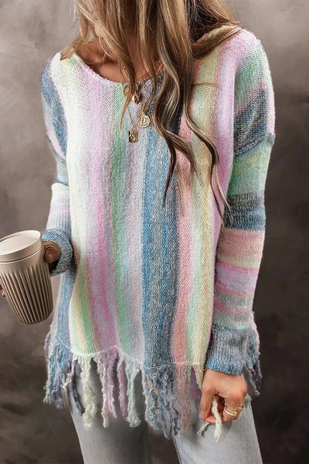 Fringe Color Block Round Neck Sweater - Primrose Signature Boutique