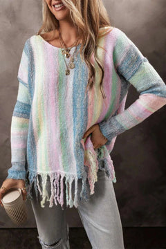 Fringe Color Block Round Neck Sweater - Primrose Signature Boutique