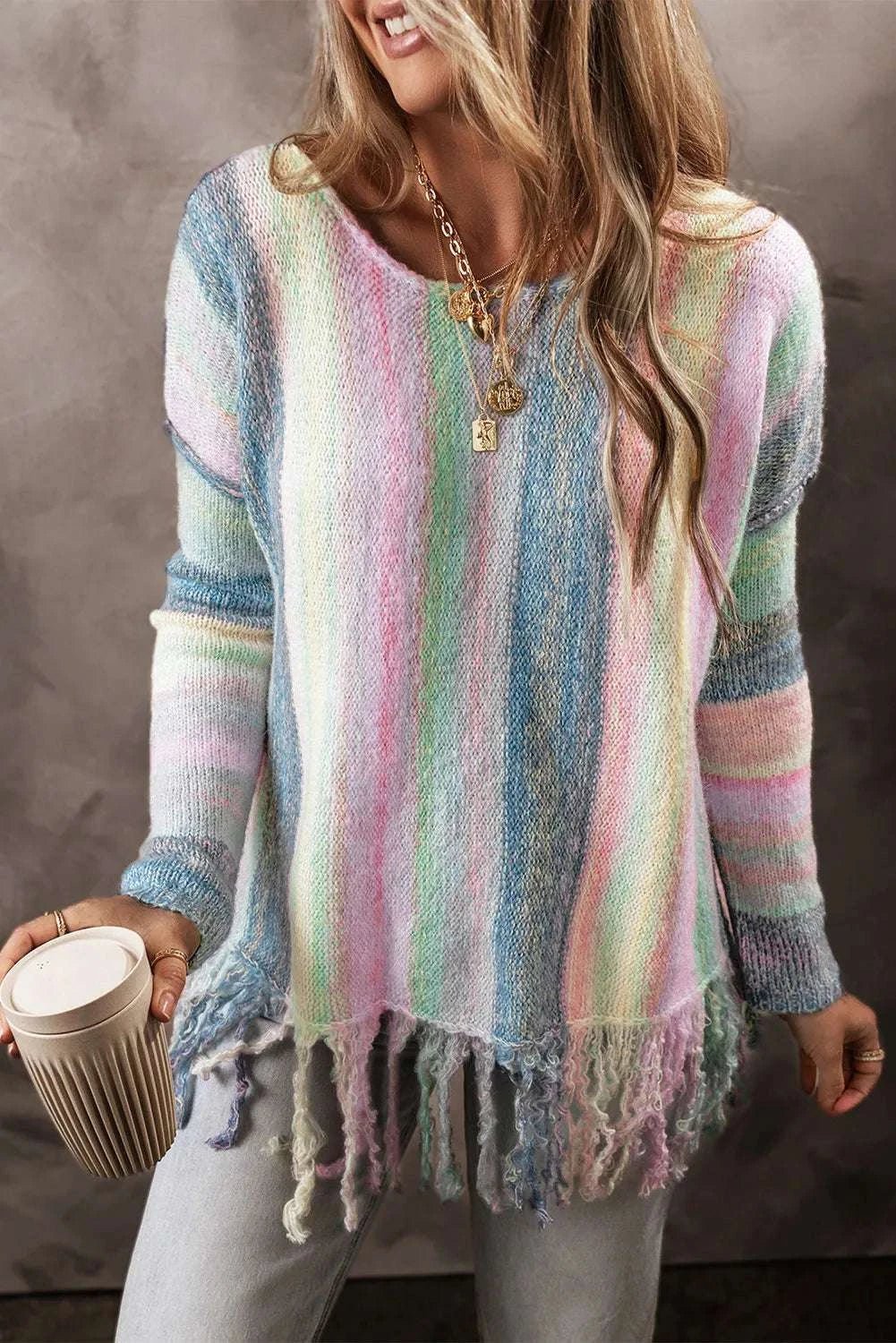 Fringe Color Block Round Neck Sweater - Primrose Signature Boutique