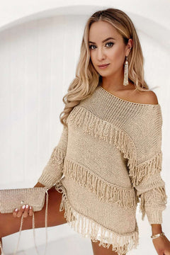 Fringe Detail Long Sleeve Sweater - Primrose Signature Boutique
