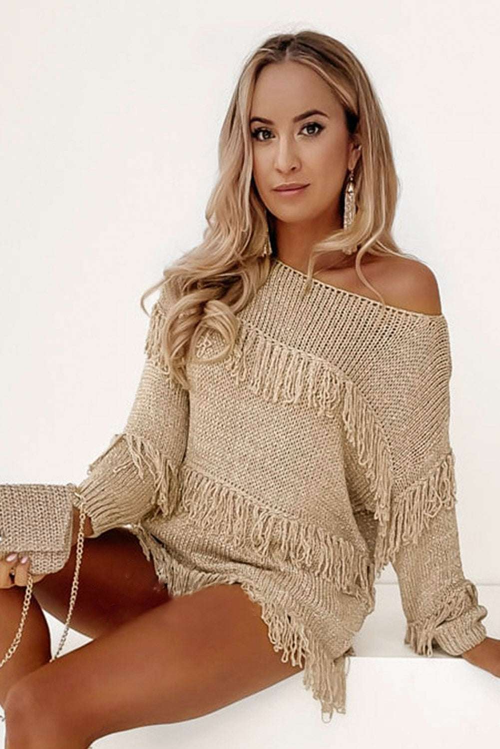 Fringe Detail Long Sleeve Sweater - Primrose Signature Boutique