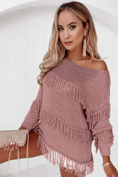 Fringe Detail Long Sleeve Sweater - Primrose Signature Boutique