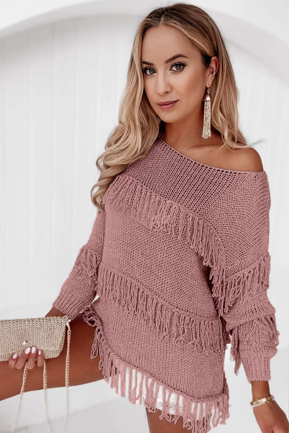 Fringe Detail Long Sleeve Sweater - Primrose Signature Boutique