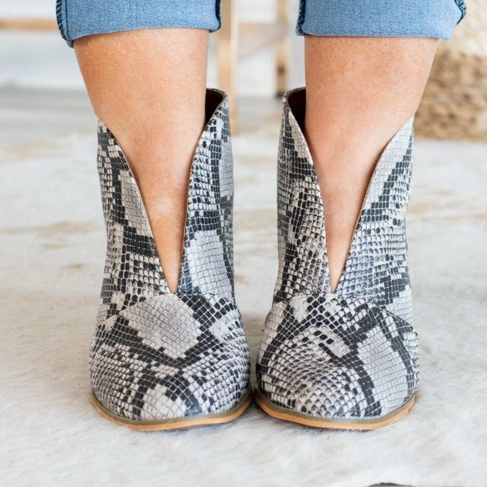 Front Deep V - cut Snake Block Heel Bootie - Primrose Signature Boutique