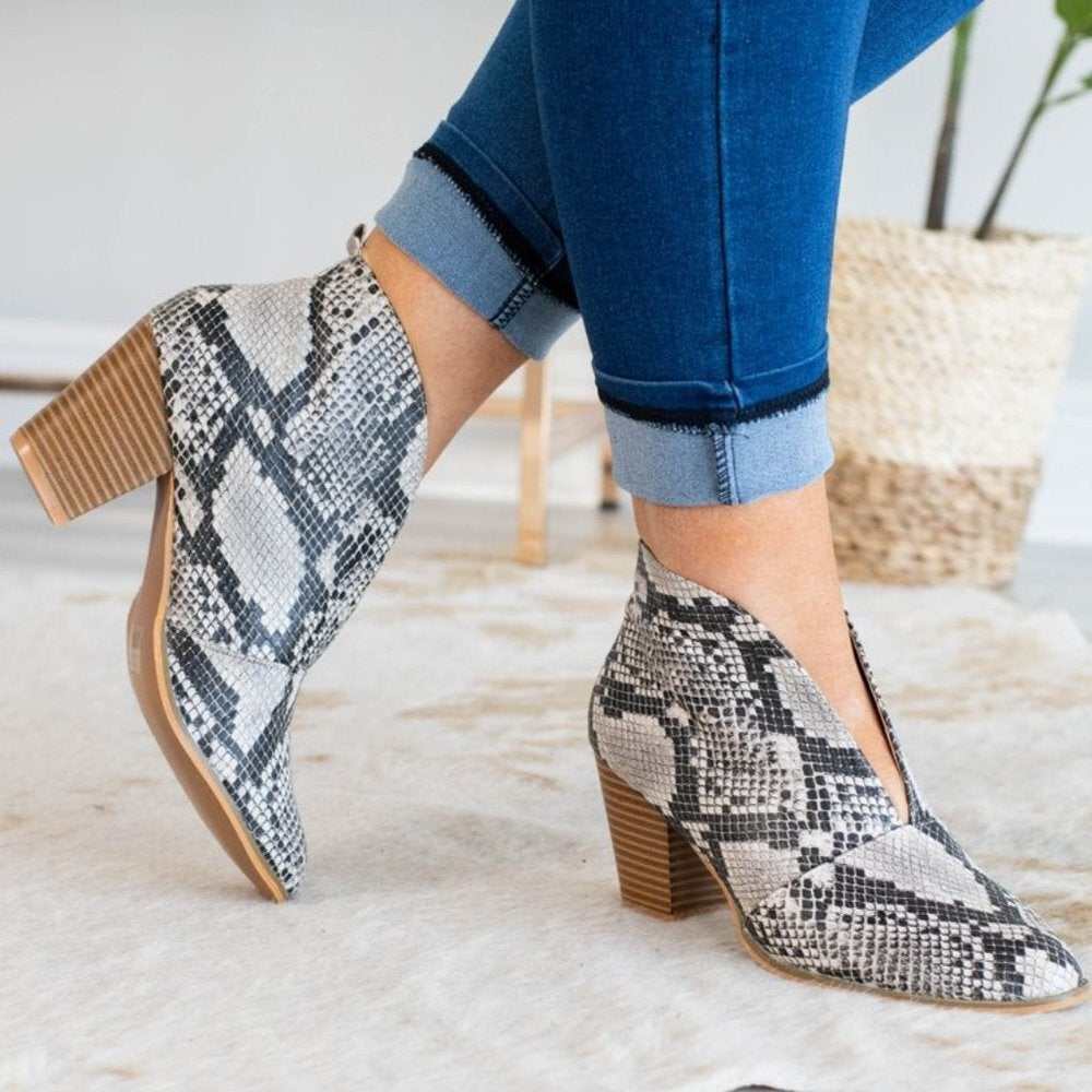 Front Deep V - cut Snake Block Heel Bootie - Primrose Signature Boutique