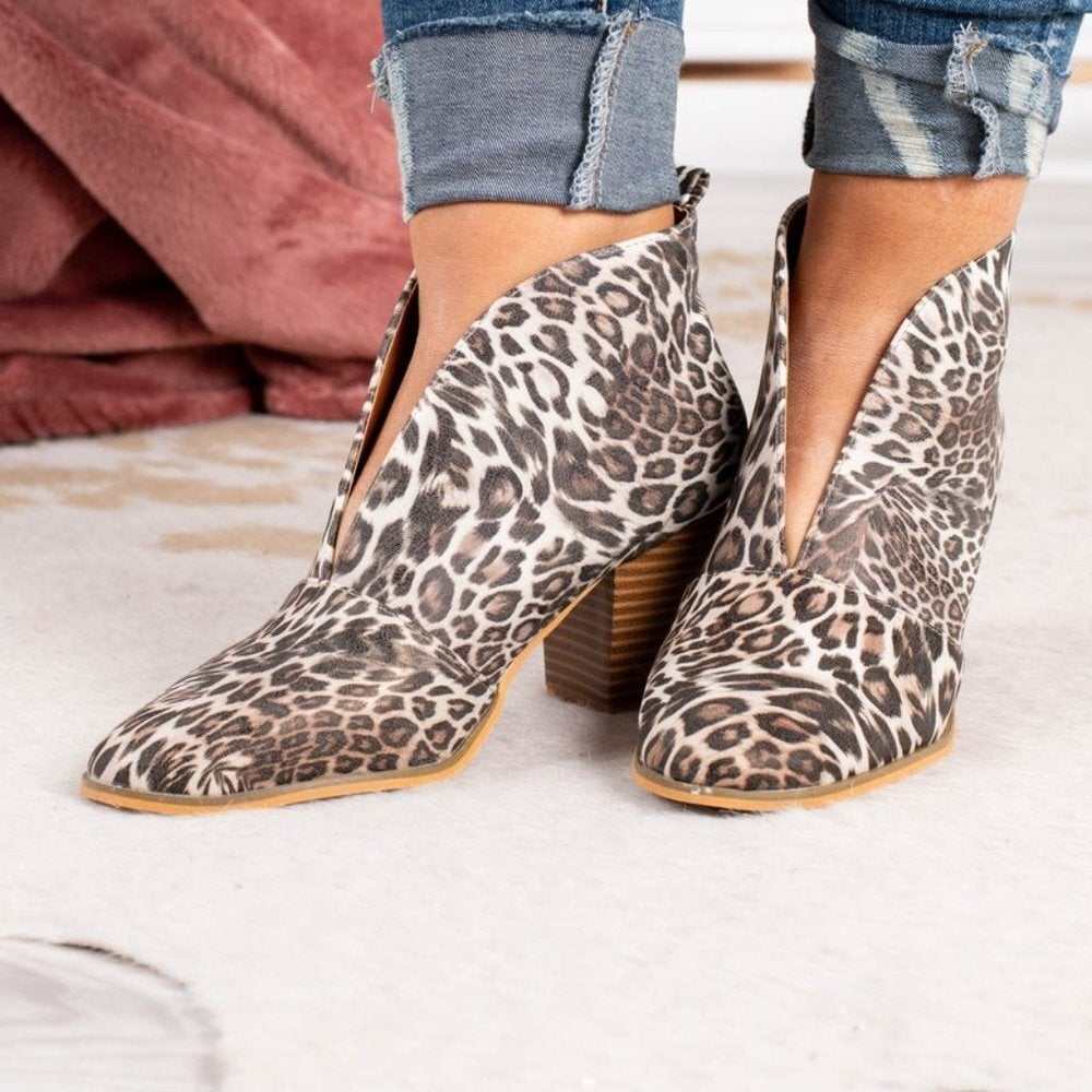 Front Deep Vcut Leopard Block Heel Booties - Primrose Signature Boutique