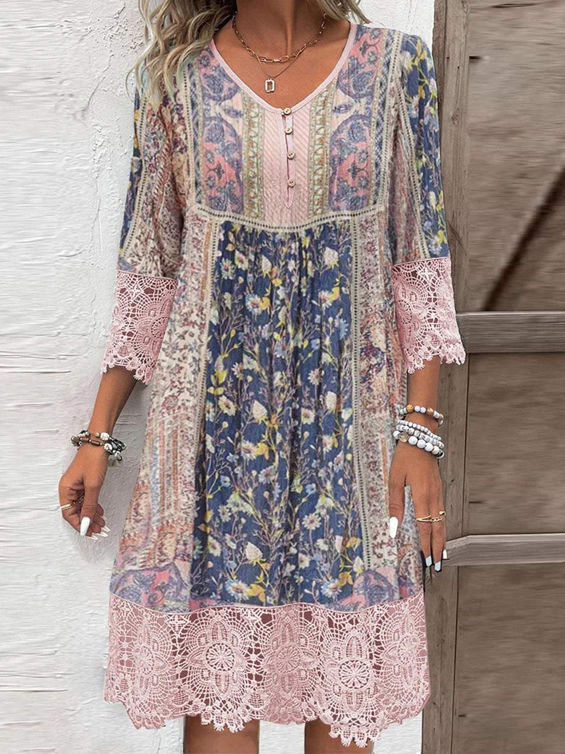 Full Size Lace Detail Printed Three - Quarter Sleeve Dress - Primrose Signature Boutique