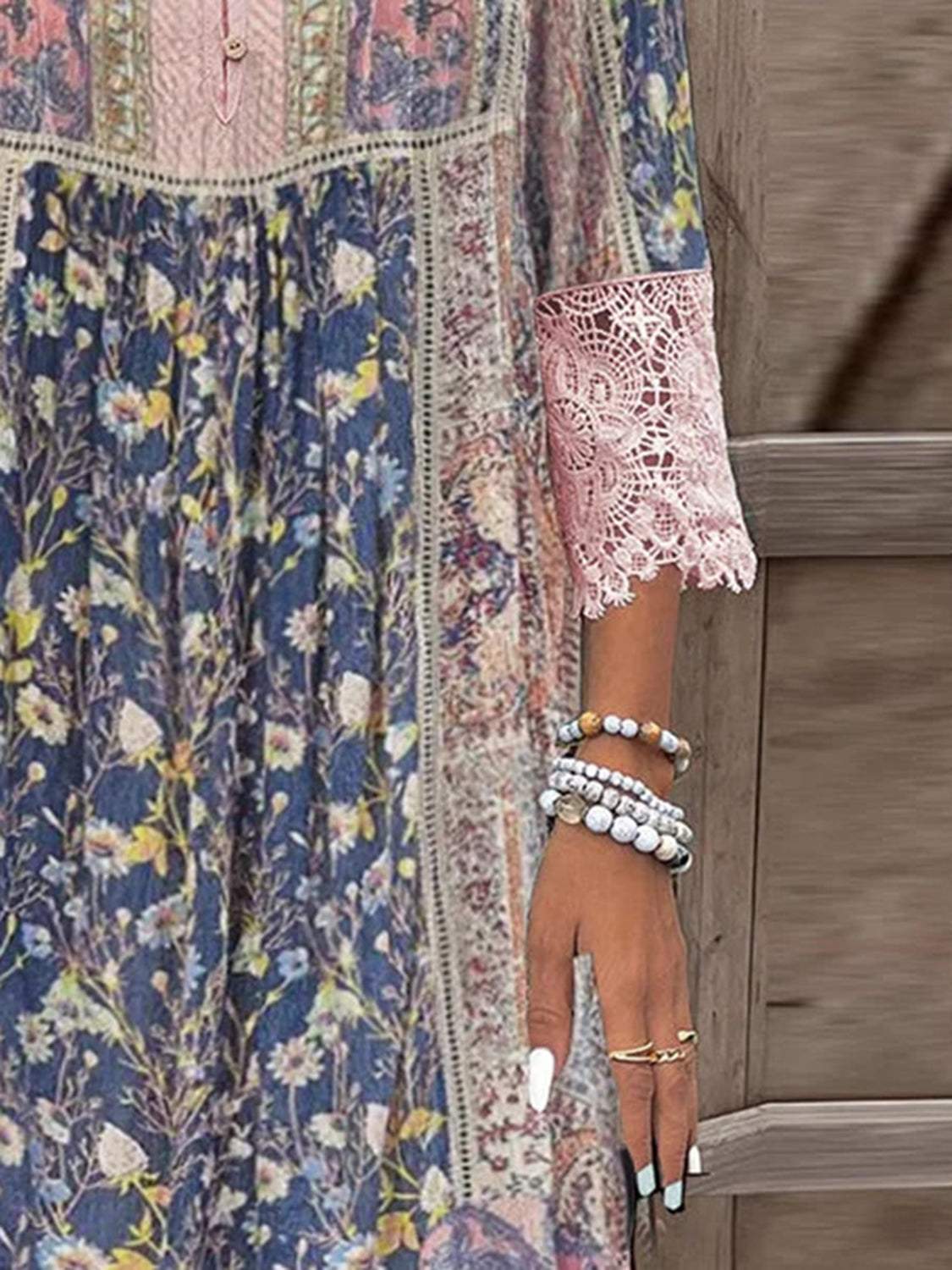 Full Size Lace Detail Printed Three - Quarter Sleeve Dress - Primrose Signature Boutique