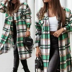 Green Plaid Printdrop Shoulder Button Down Longline Shacket Jacket - Primrose Signature Boutique