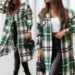 Green Plaid Printdrop Shoulder Button Down Longline Shacket Jacket - Primrose Signature Boutique