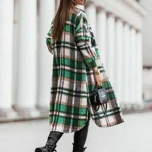 Green Plaid Printdrop Shoulder Button Down Longline Shacket Jacket-zoom-