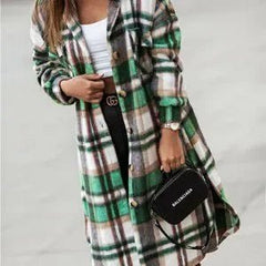 Green Plaid Printdrop Shoulder Button Down Longline Shacket Jacket - Primrose Signature Boutique