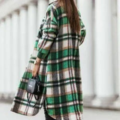Green Plaid Printdrop Shoulder Button Down Longline Shacket Jacket - Primrose Signature Boutique