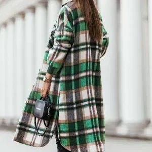 Green Plaid Printdrop Shoulder Button Down Longline Shacket Jacket-zoom-