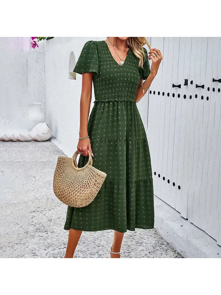 Leisure Pure Army Green Color V Neck Short Sleeve Dress-zoom-