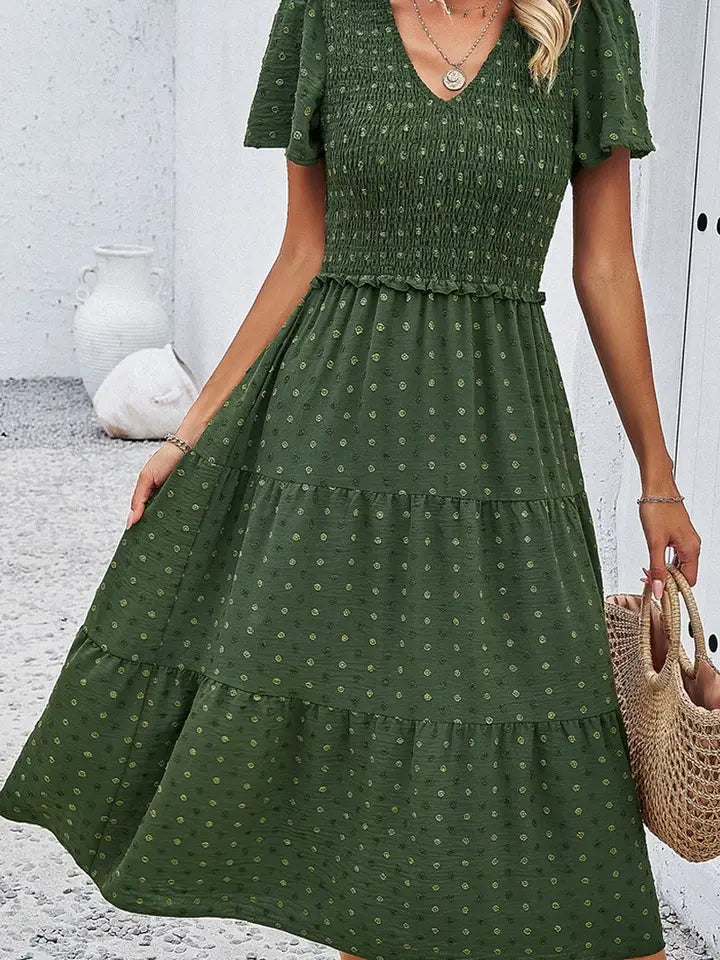 Leisure Pure Army Green Color V Neck Short Sleeve Dress
