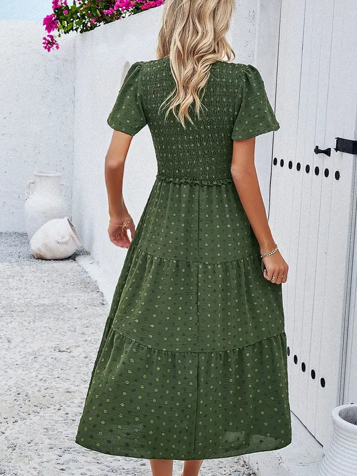 Leisure Pure Army Green Color V Neck Short Sleeve Dress