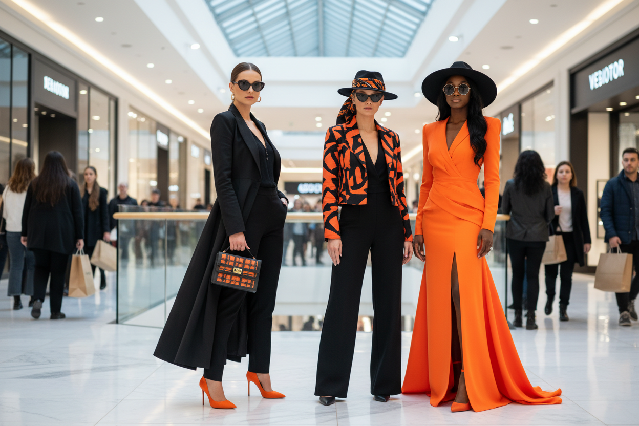 Group of women in shopping mall dressed in different outfits  one in black slacks with orange heels and long blazer with small luxury blakc an dorange purse and large sunglasses on her head, one with black jumpsuit and crop jacket in black and orange with small flopppy black hat and orange and black scra on hat and wearing black sundlgasses and one lady with a sharp dress in orange and she is black with long black hair and black hat with orange heels and sunglasses onher hat  many people around but in back