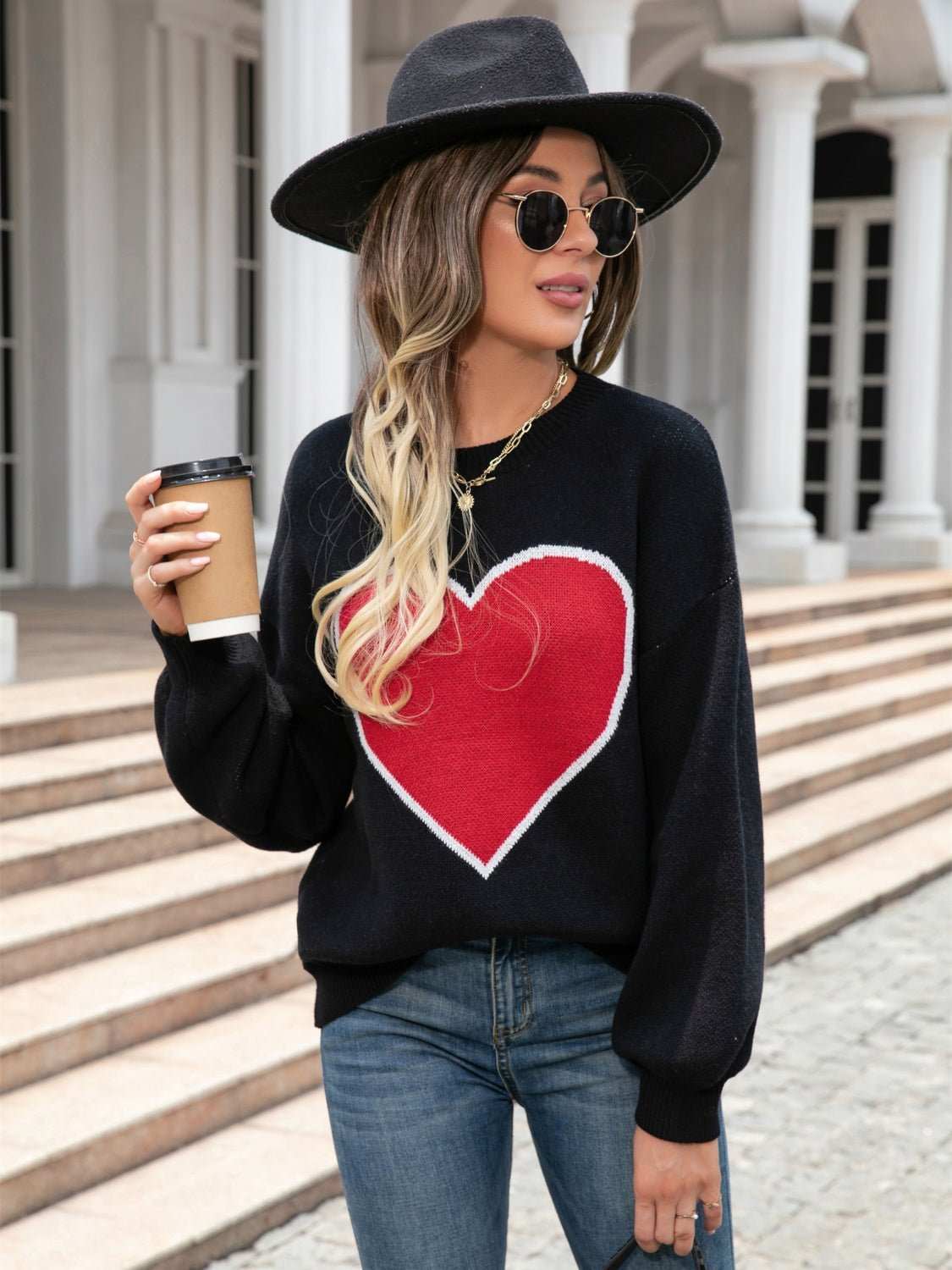 Heart Graphic Round Neck Sweater - Primrose Signature Boutique