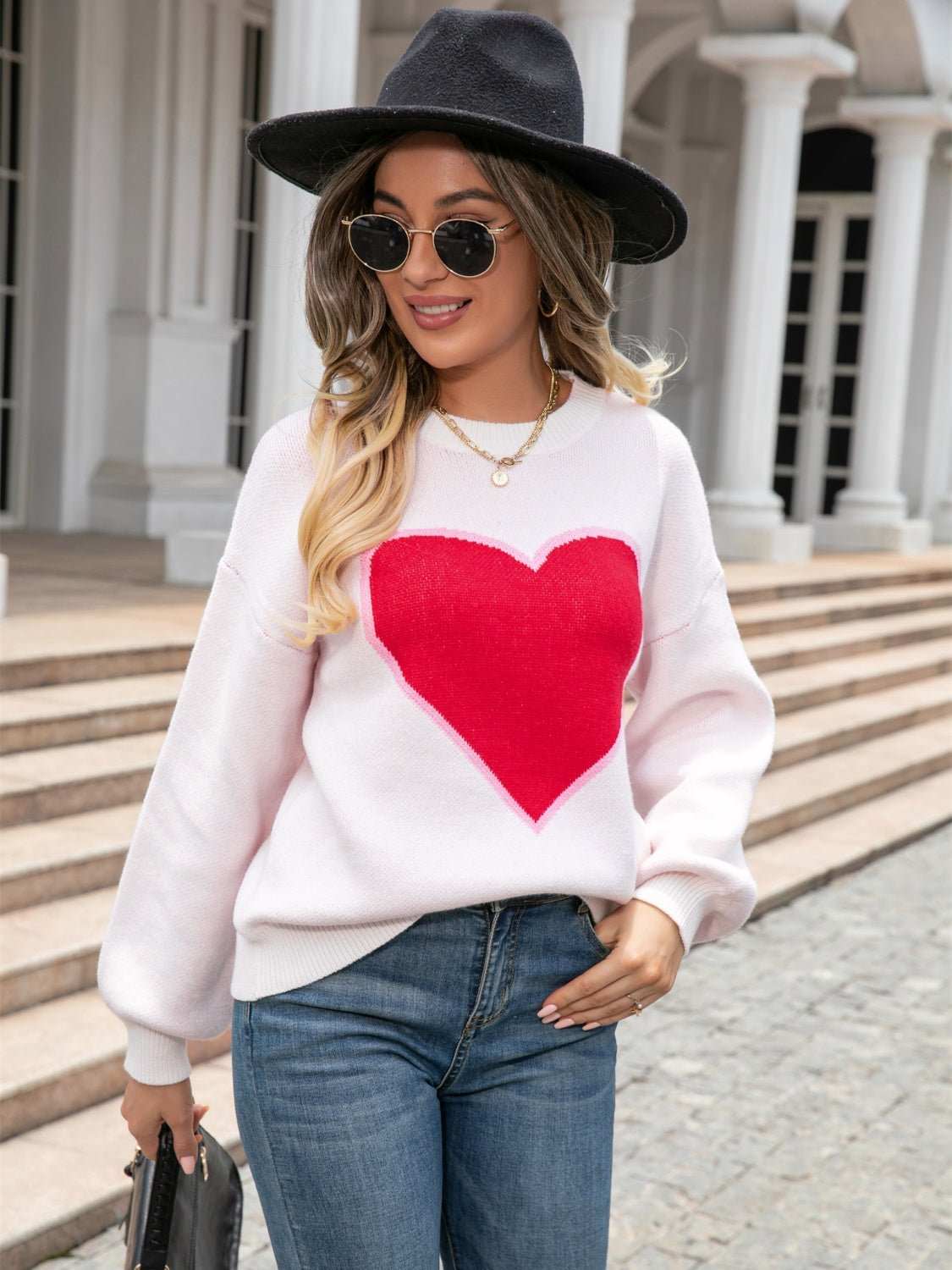 Heart Graphic Round Neck Sweater - Primrose Signature Boutique