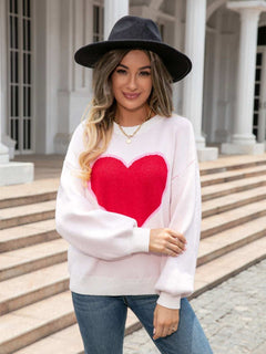 Heart Graphic Round Neck Sweater - Primrose Signature Boutique
