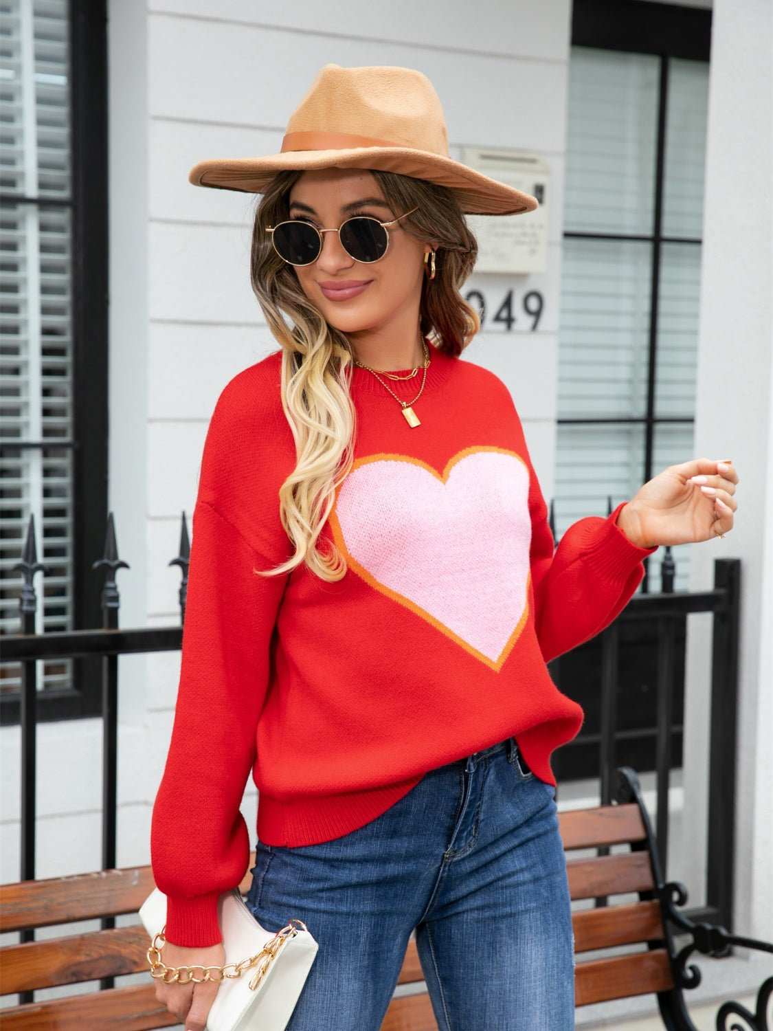 Heart Graphic Round Neck Sweater - Primrose Signature Boutique