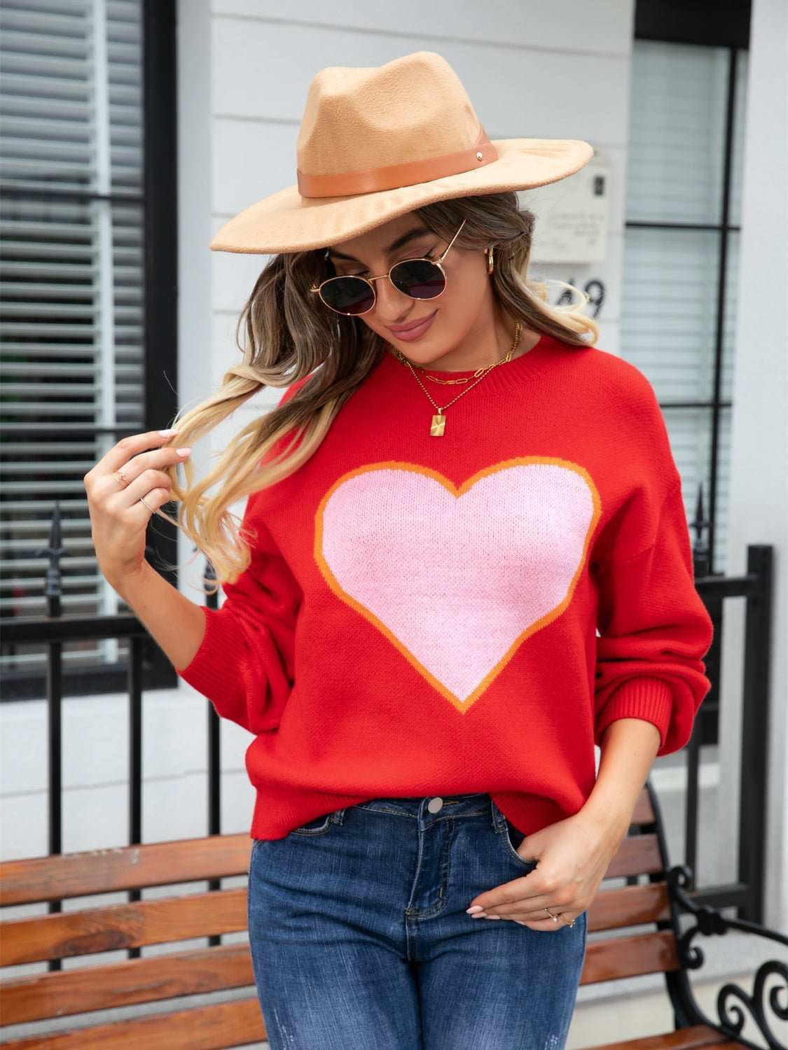 Heart Graphic Round Neck Sweater - Primrose Signature Boutique