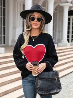 Heart Graphic Round Neck Sweater - Primrose Signature Boutique