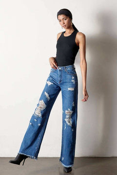 High Rise Distressed Frayed Hem Dad Jeans - Primrose Signature Boutique