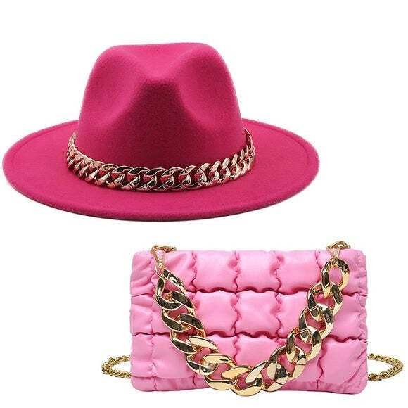 Hot Pink Big Brimmed Fedora Hat/Chain Purse - Primrose Signature Boutique