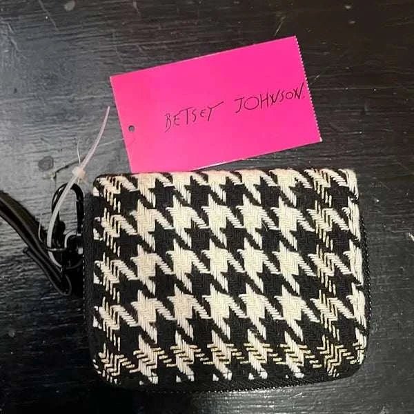 Hounds tooth Small Wallet, Black And White Gold Striped Edge - Primrose Signature Boutique