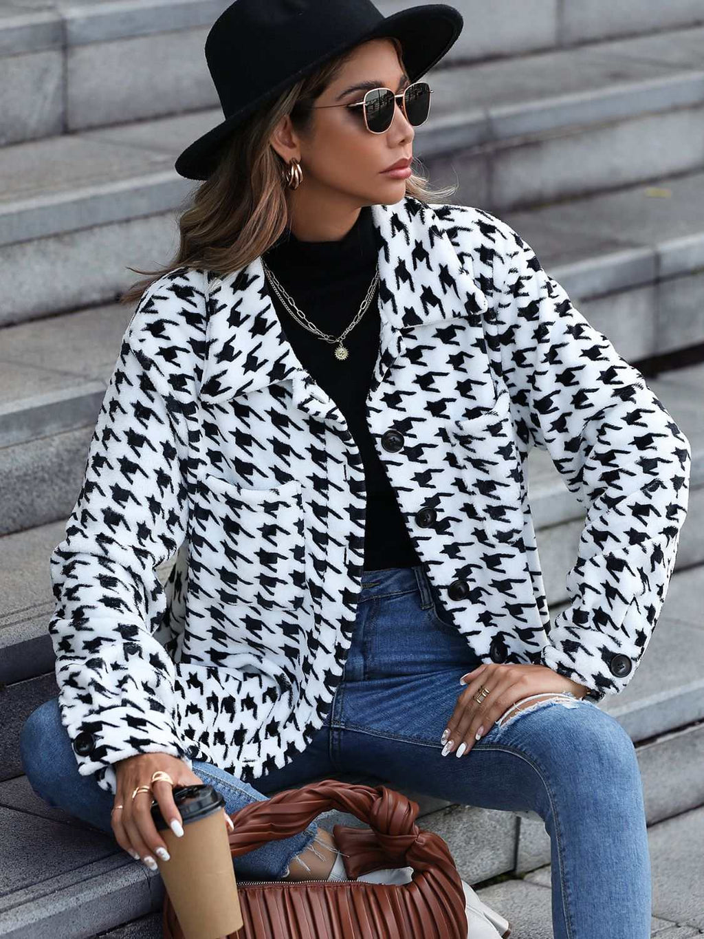 Houndstooth Button Down Jacket - Primrose Signature Boutique