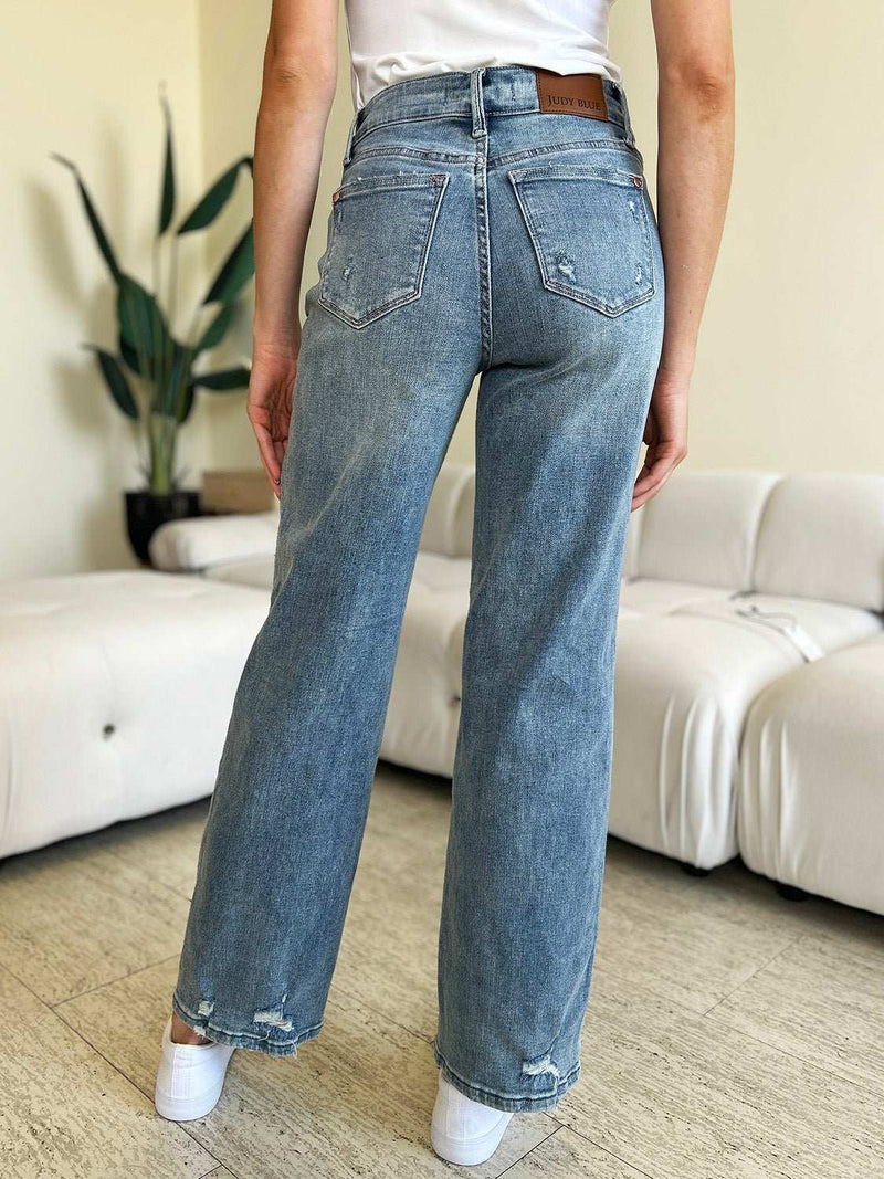 Judy Blue – Gerade geschnittene Jeans mit mittelhohem Bund und Used-Look in voller Größe-zoom-