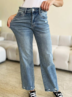 Judy Blue Full Size Mid Rise Distressed Straight Jeans - Primrose Signature Boutique