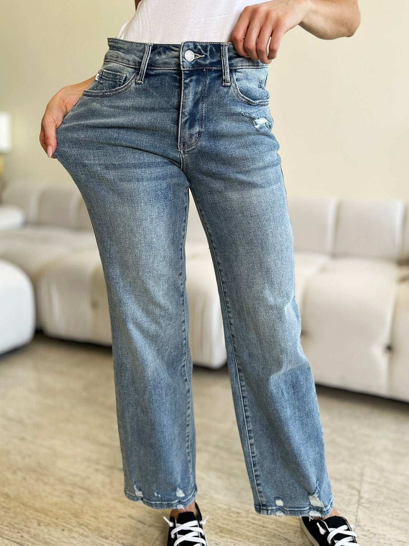 Judy Blue – Gerade geschnittene Jeans mit mittelhohem Bund und Used-Look in voller Größe-zoom-