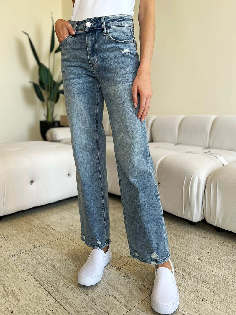 Judy Blue – Gerade geschnittene Jeans mit mittelhohem Bund und Used-Look in voller Größe-zoom-
