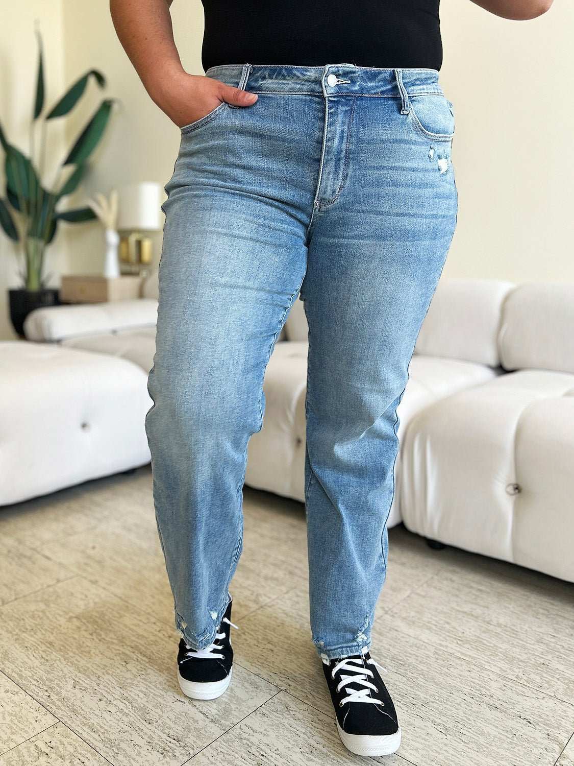 Judy Blue Full Size Mid Rise Distressed Straight Jeans - Primrose Signature Boutique