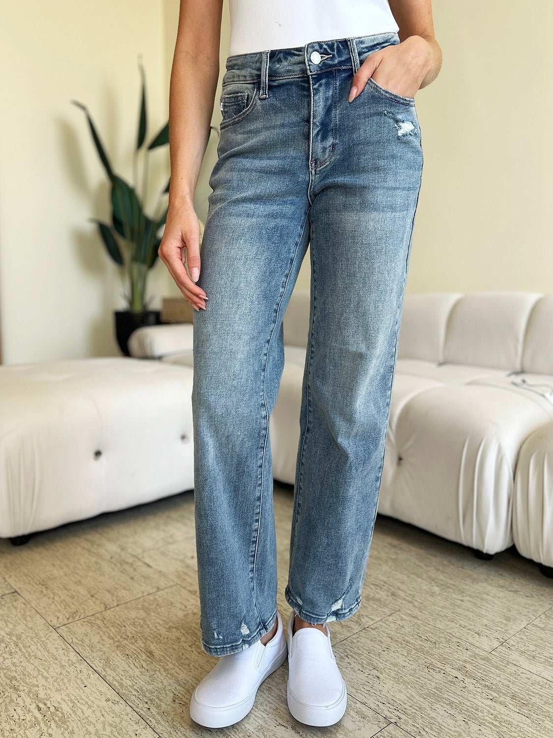 Judy Blue Full Size Mid Rise Distressed Straight Jeans - Primrose Signature Boutique